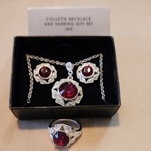 Avon - NEW Silver and Red Necklace, Ring and Earring Set